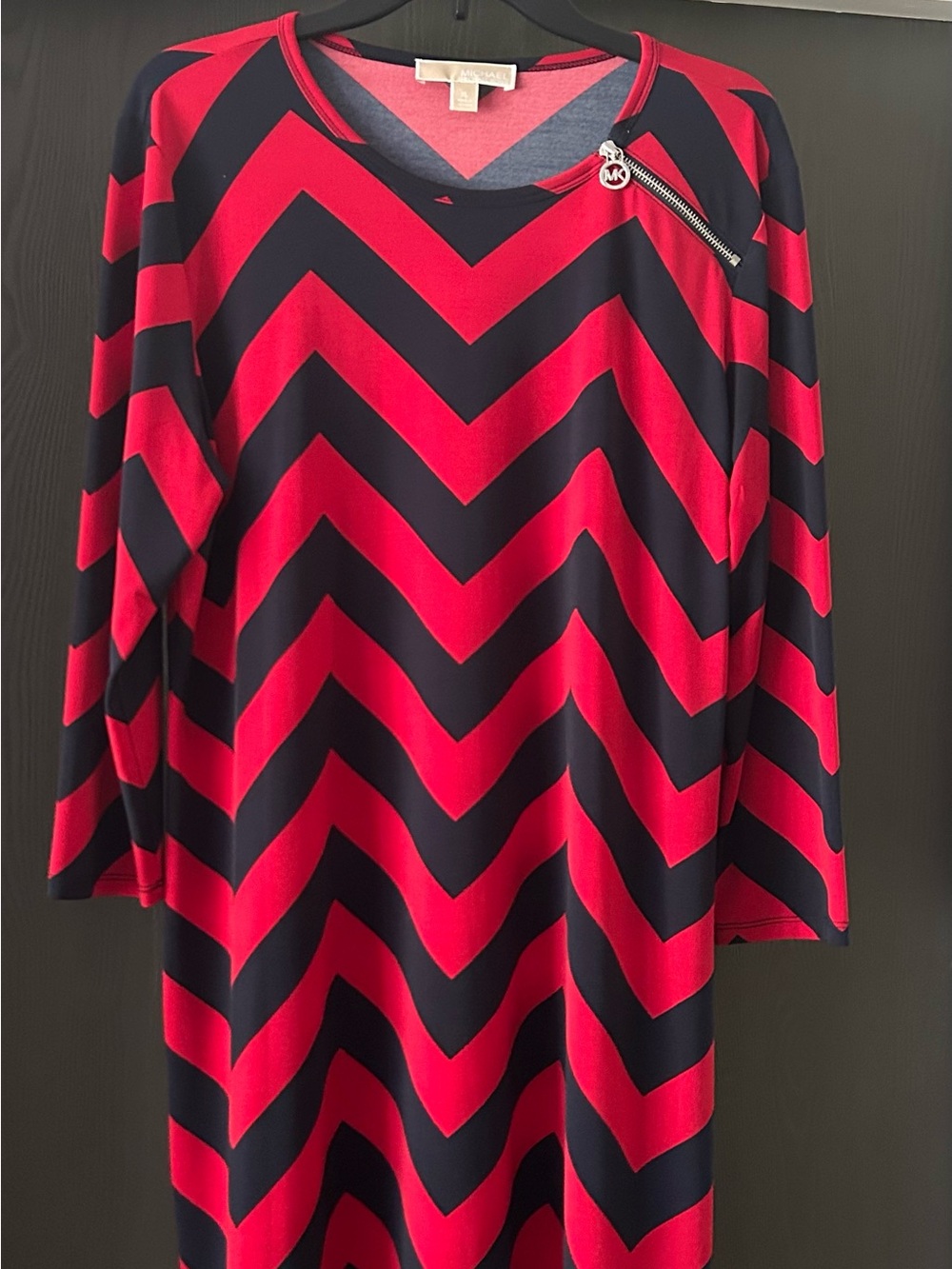 Michael Kors Red and Black Chevron Midi Dress with Zip Accent